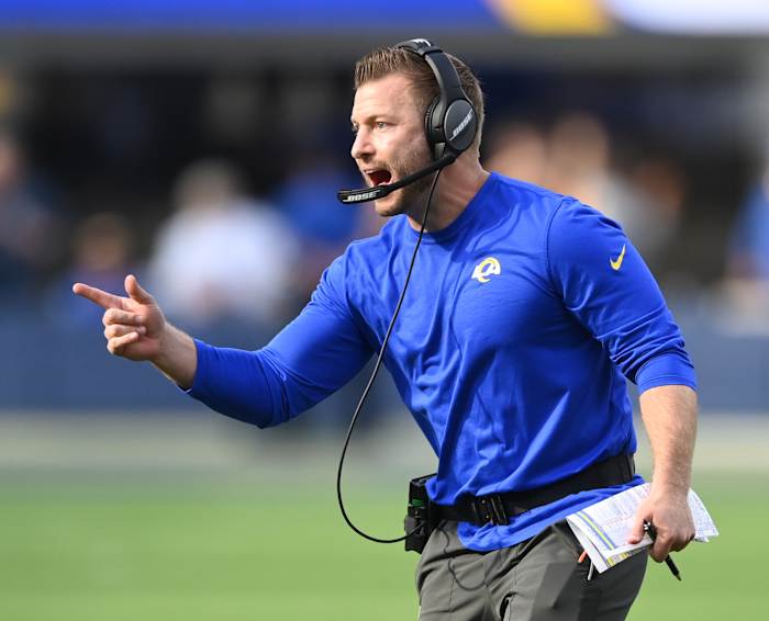 Oct 24, 2021; Inglewood, California, USA; Los Angeles Rams head coach Sean McVay reacts after a touchdown in the second half against the Detroit Lions at SoFi Stadium. Mandatory Credit: Jayne Kamin-Oncea-USA TODAY Sports